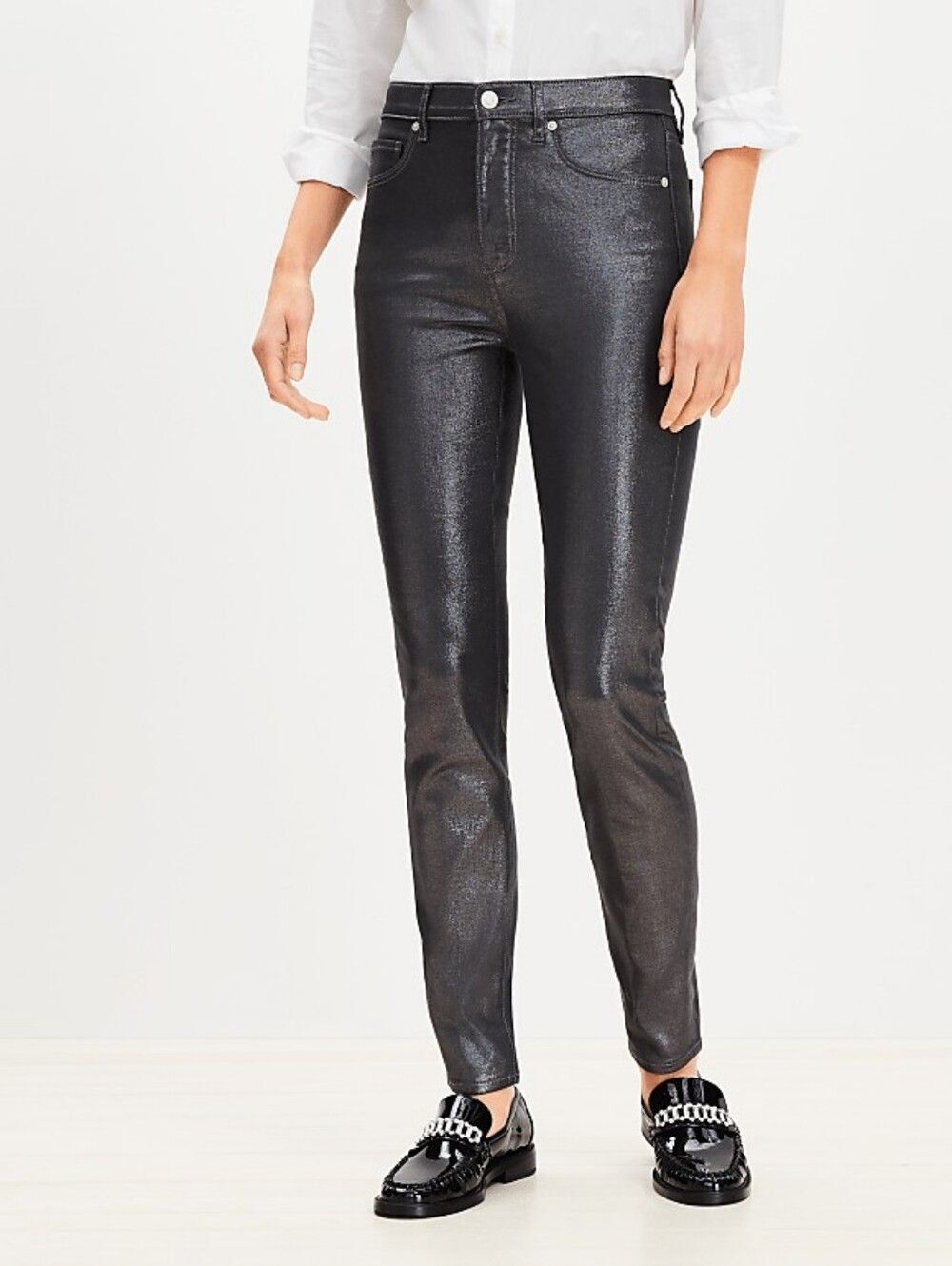 Loft Womens Pewter Metallic Gray Coated High Rise Skinny Jeans Size 31/12